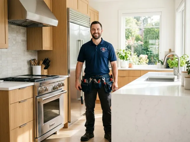 Appliance Repair Hero technician in a Berlin Center, OH kitchen after an appliance repair