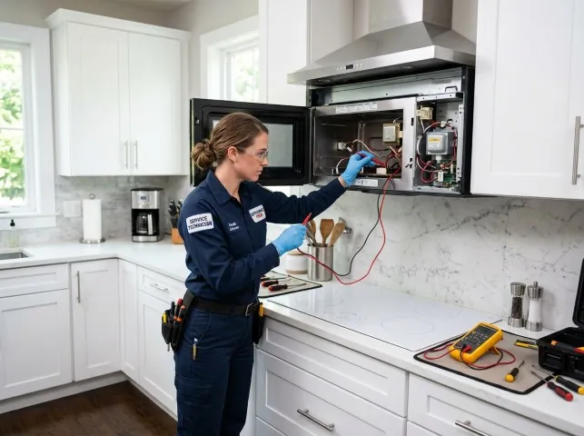 Appliance Repair Hero technician testing an over-the-range microwave in a Berlin Center, OH kitchen